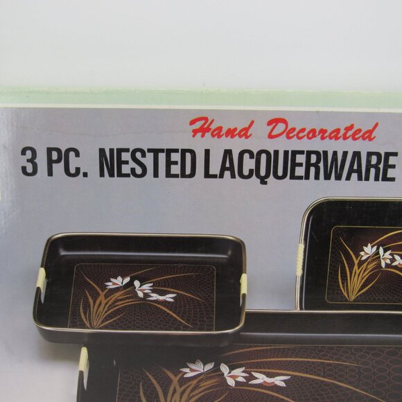 Vintage Asahi Trading Co Inc 3 Pc Nested Lacquerware Tray Set Floral Design - Picture 2 of 10